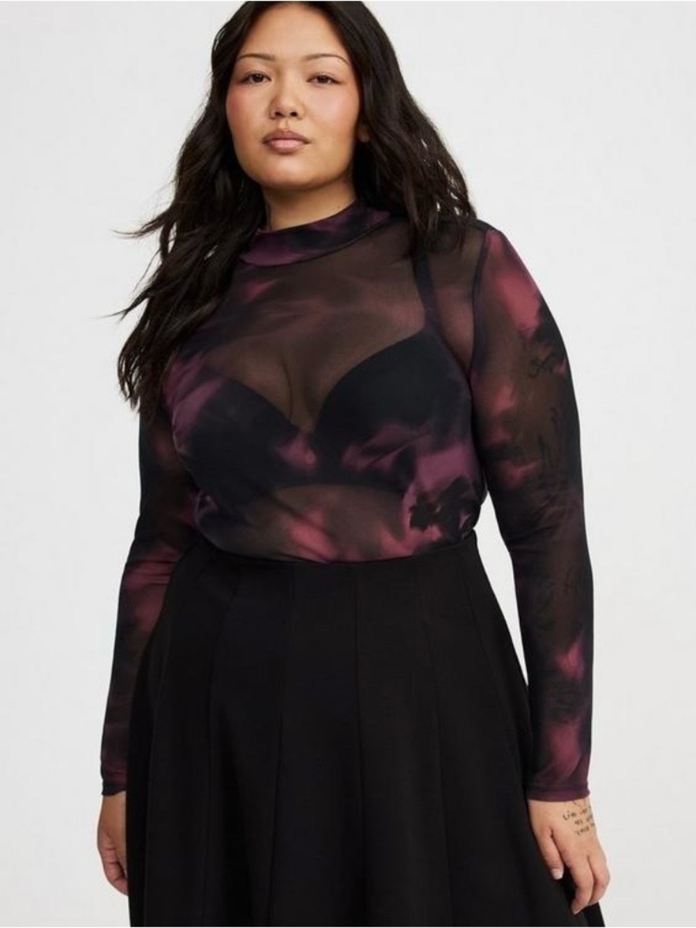 Torrid Sheer Mesh Mock Neck Long-Sleeve Top in Black and Plum - Size 1X - NWT!